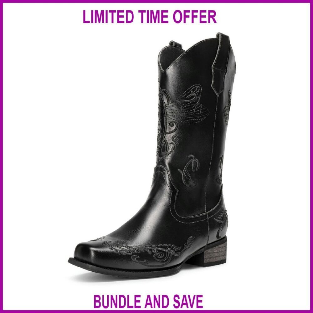 Women's Square Toe Cowboy Boots Mid Calf Chunky Heel Embroidered